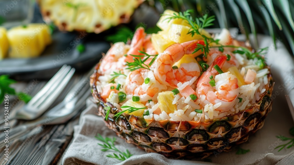Seafood dish with fresh pineapple on table Seafood dish with fresh pineapple on table