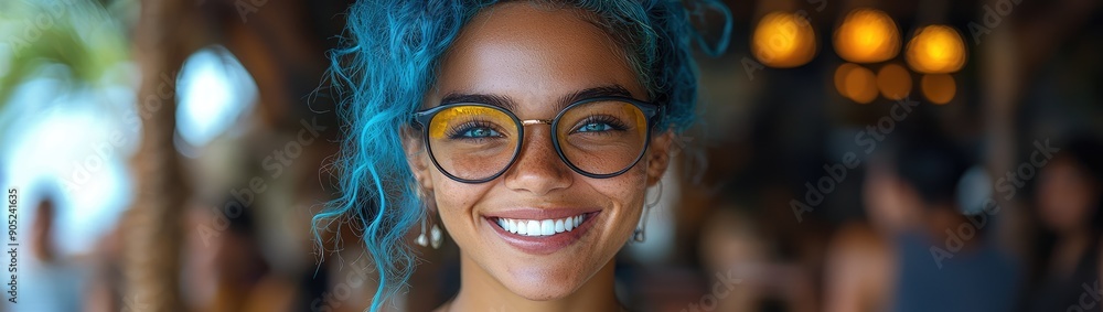 Happy candid female employee with teal hair laughing with colleagues in relaxed office team building induction meeting. Happy candid female employee with teal hair laughing with colleagues in relaxed office team building induction meeting.