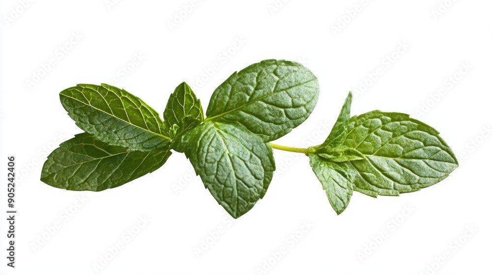 A sprig of fresh mint leaves isolated on a white background. The leaves are green and vibrant, symbolizing freshness, nature, health, and culinary delight. A sprig of fresh mint leaves isolated on a white background. The leaves are green and vibrant, symbolizing freshness, nature, health, and culinary delight.