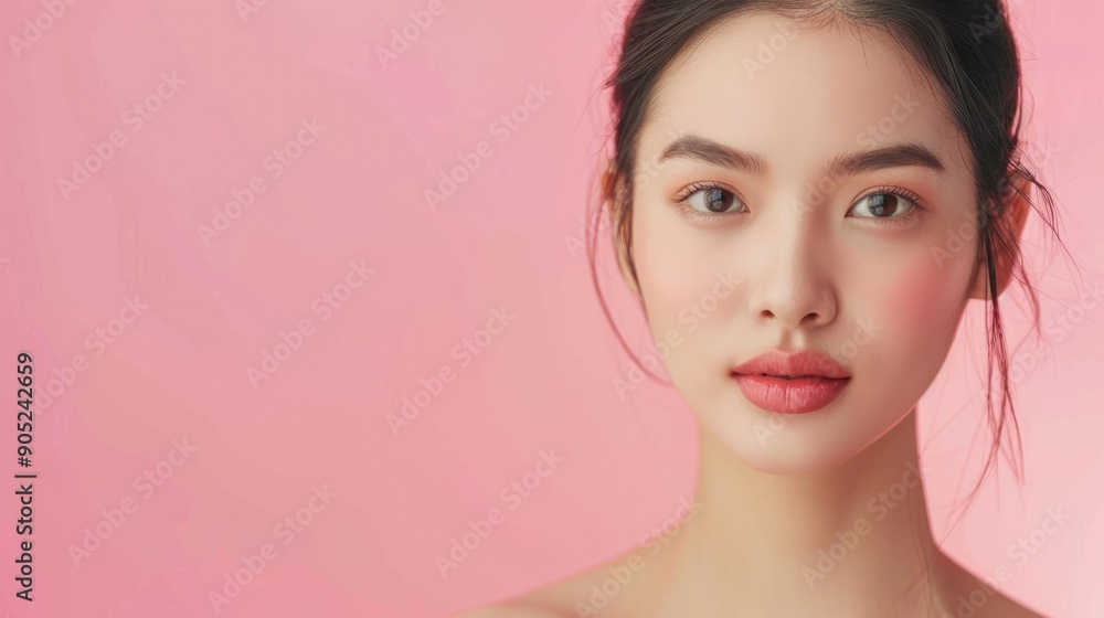 Close-up Portrait of a Young Woman with Soft Makeup Against a Pink Background Close-up Portrait of a Young Woman with Soft Makeup Against a Pink Background