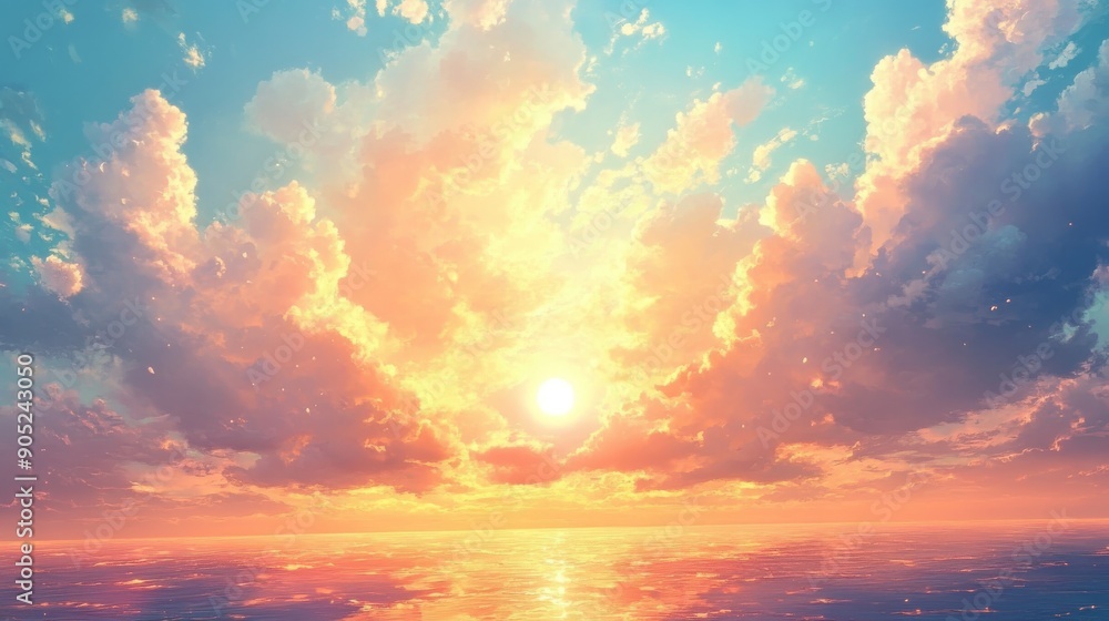 Beautiful cloudscape with the sun peeking through, casting a warm glow on the ocean, captured in a Japanese animation style Beautiful cloudscape with the sun peeking through, casting a warm glow on the ocean, captured in a Japanese animation style