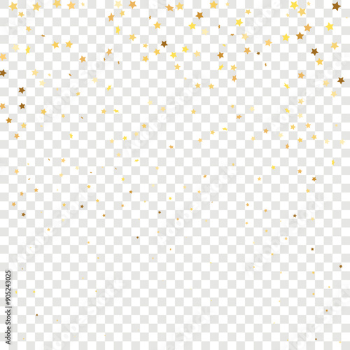 Star Sequin Confetti on Transparent Background. Voucher Gift Card Template. Isolated Flat Birthday Card. Golden Stars Banner. Christmas Party Frame. Vector Gold Glitter. Falling Particles on Floor.