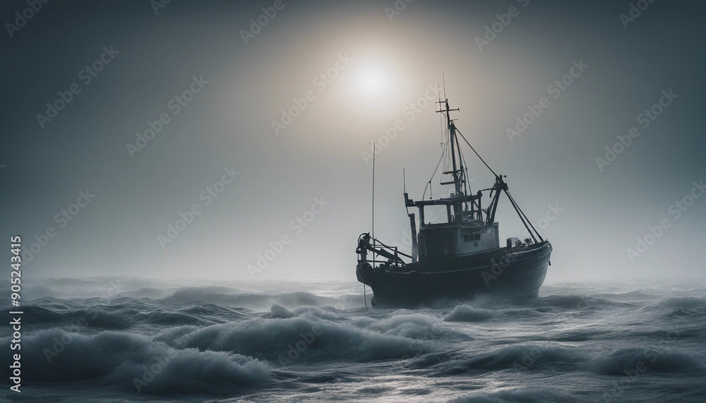 A lone fishing boat braving a foggy, freezing night at sea, surrounded by towering waves and icy mist as it fights against the elements.
A lone fishing boat braving a foggy, freezing night at sea, surrounded by towering waves and icy mist as it fights against the elements.