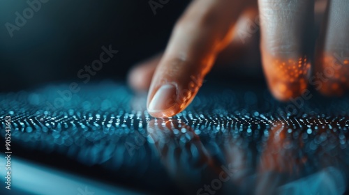 A single finger gently taps a luminescent surface adorned with a digital texture, blending human interaction with futuristic technology in an intimate display of touch. photo