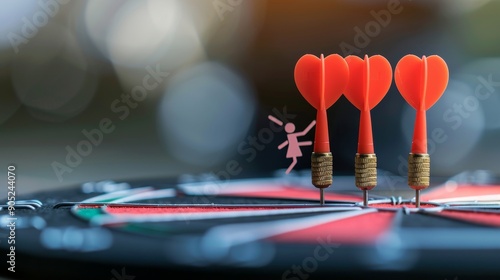 Three heart-shaped darts land on a dartboard, symbolizing love, passion, accuracy, and goal achievement.