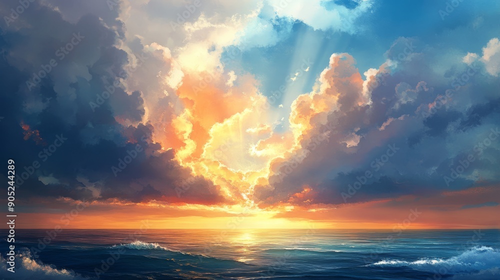 Fototapeta premium Light breaking through a cloudy sky over the ocean, creating a picturesque scene of nature's beauty, inspired by Japanese animation