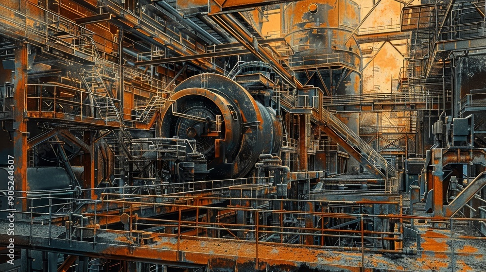 An industrial setting featuring large, rusty machinery, conveying a sense of hard work, power, and the passage of time. An industrial setting featuring large, rusty machinery, conveying a sense of hard work, power, and the passage of time.