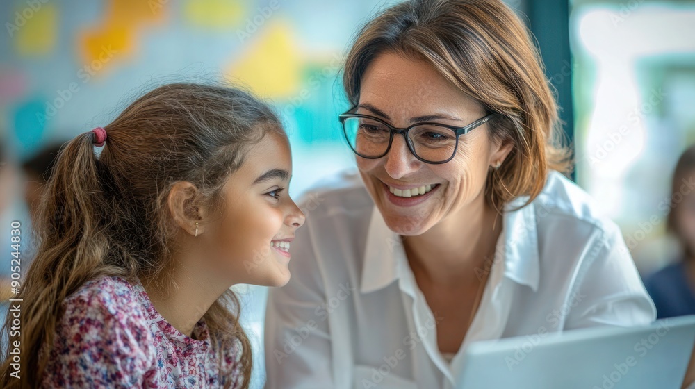 Female teacher in a classroom assisting a student with her work on a laptop. Female teacher in a classroom assisting a student with her work on a laptop.
