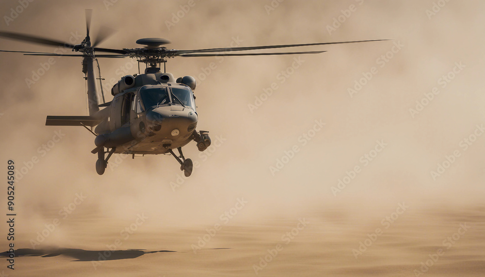 Fototapeta premium A military helicopter flying low over a desert landscape during a sandstorm, with visibility reduced to almost zero as it navigates through swirling sands and powerful gusts. 