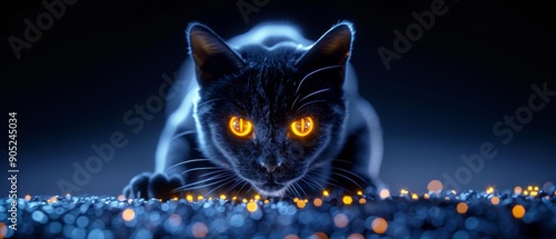 A mesmerizing black cat with glowing orange eyes intently gazes at tiny sparkling lights in a dark, magical setting. photo