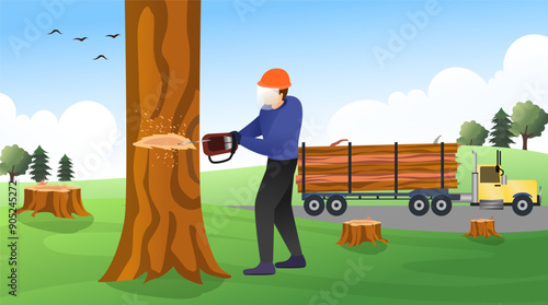chainsaw operator cutting down a tree for industry material vector illustration, forestry  worker cutting trees using an electrical chainsaw