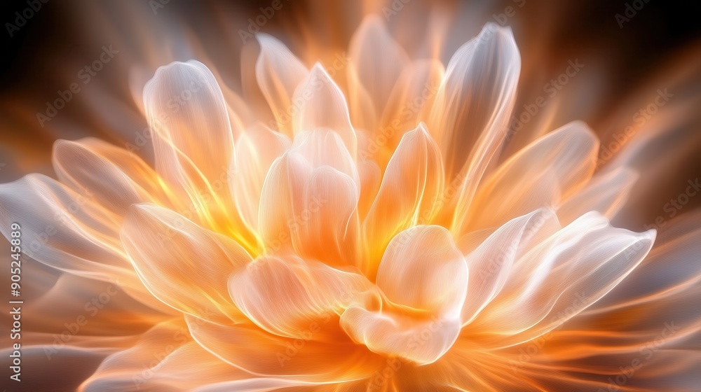 Fototapeta premium Close-up of a Glowing Orange and White Flower with Delicate Petals in Full Bloom, Capturing the Beauty of Nature and the Intricate Details of Floral Patterns in a Stunning, Vibrant Display