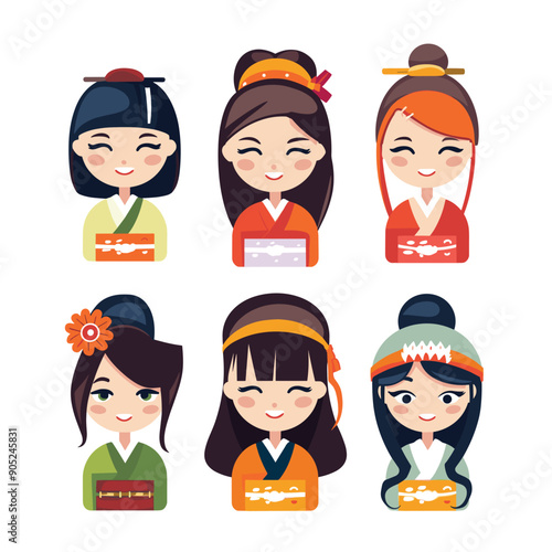 Six cute cartoon girls wearing traditional Asian attire smiling cheerfully. Characters display various hairstyles accessories indicative diverse cultural backgrounds, girl exhibits unique expression