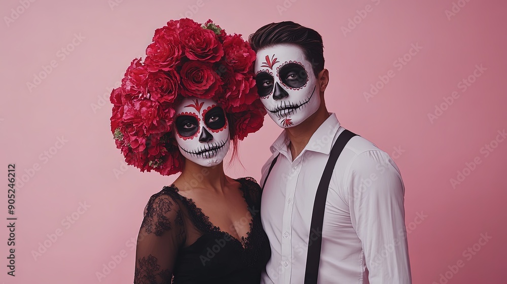 Dramatic Day of the Dead Couple in Full Makeup Dramatic Day of the Dead Couple in Full Makeup