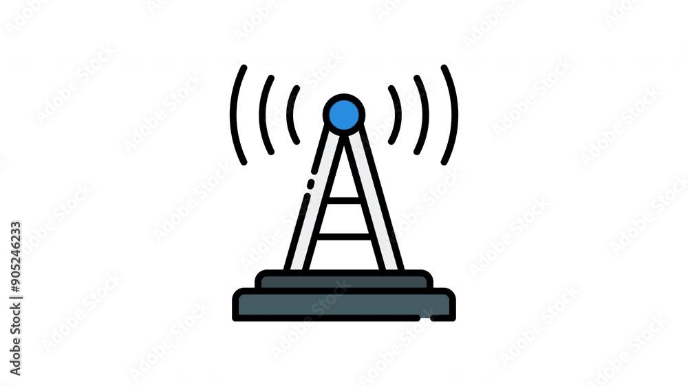 Radio tower emitting blue radio waves, perfect for technology, communication, broadcasting, and wireless network concepts in design projects icon motion graphic animation Radio tower emitting blue radio waves, perfect for technology, communication, broadcasting, and wireless network concepts in design projects icon motion graphic animation