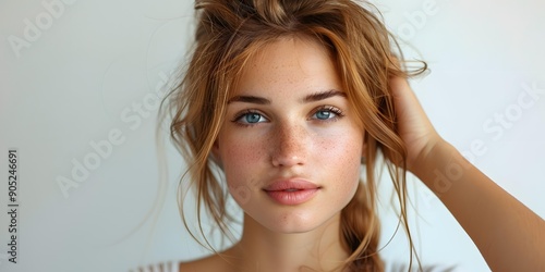 portrait of a young woman with freckles and blue eyes