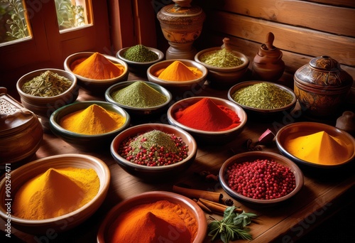 colorful spices displayed elegant dishes under natural light creating lively culinary scene, colors, vibrant, illumination, arrangement, presentation, food © Yaroslava