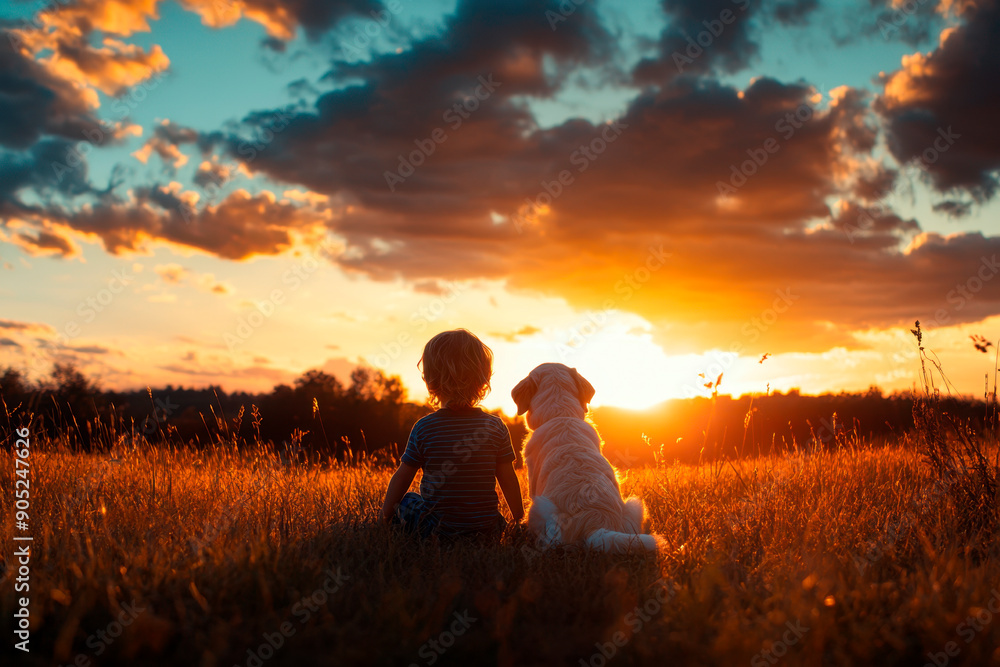 Silhouette of a man with a dog on a sunset background Silhouette of a man with a dog on a sunset background