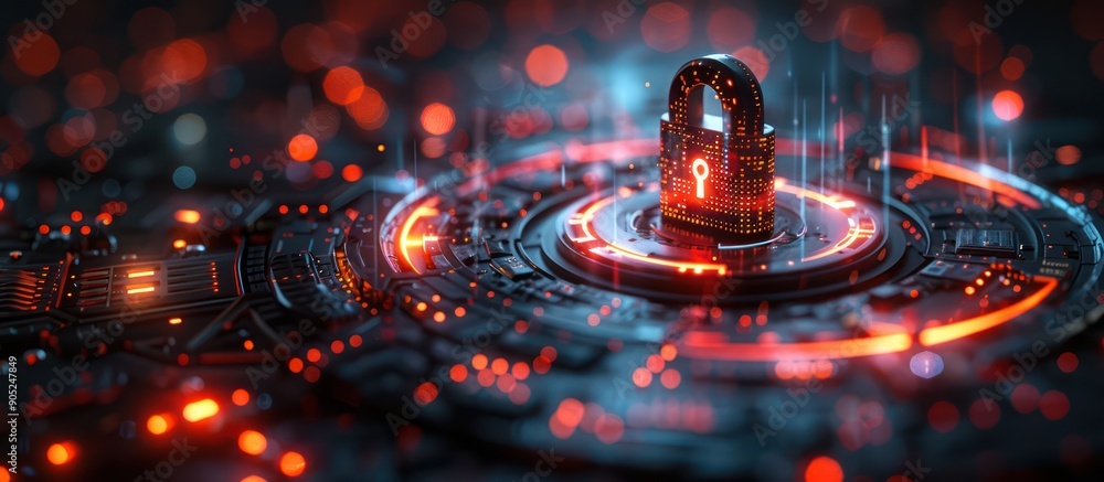 Cybersecurity and data protection concept. 3D render of a padlock surrounded by digital code, representing secure digital networks, online safety, and data encryption. Cybersecurity and data protection concept. 3D render of a padlock surrounded by digital code, representing secure digital networks, online safety, and data encryption.