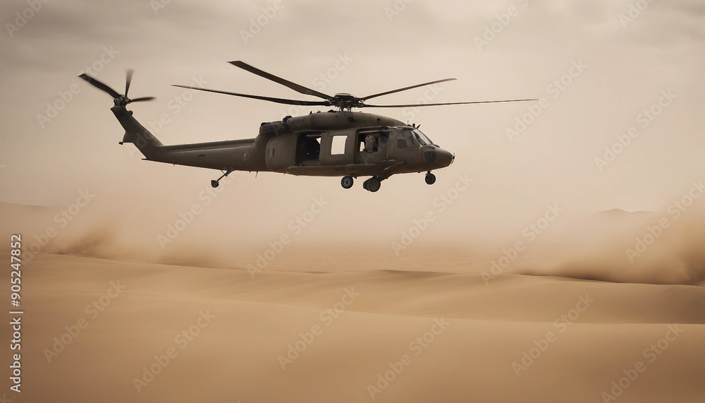 Fototapeta premium A military helicopter flying low over a desert landscape during a sandstorm, with visibility reduced to almost zero as it navigates through swirling sands and powerful gusts. 