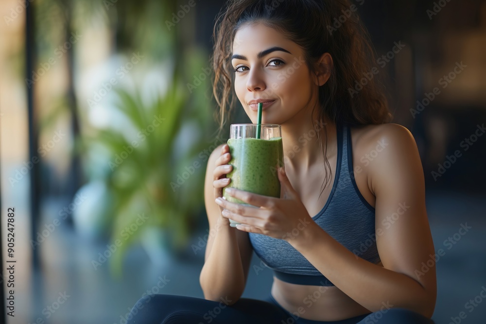 A woman is drinking a green smoothie while sitting on the floor. She is wearing a black tank top and black pants A woman is drinking a green smoothie while sitting on the floor. She is wearing a black tank top and black pants