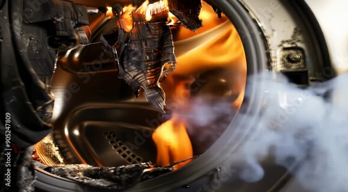 Burning clothes inside a laundry dryer, showing damaged fabric and flames, illustrating disaster or malfunction.