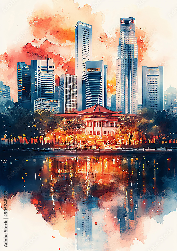 Fototapeta premium Illustration of Singapore national day watercolor style high resolution