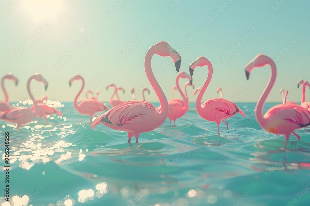 Obraz premium A flock of flamingos standing on the river