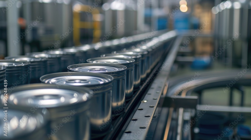 Fototapeta premium Aluminum Cans transfer on Conveyor Belt System, Modern machine for Aluminum line production, Business and Industrial concept