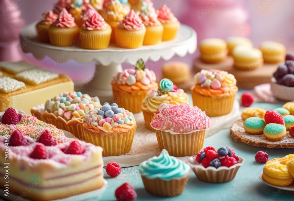 colorful display handcrafted baked treats artistic arrangement featuring cakes, biscuits, candies, chocolate, cookie, culinary, dessert, decoration colorful display handcrafted baked treats artistic arrangement featuring cakes, biscuits, candies, chocolate, cookie, culinary, dessert, decoration