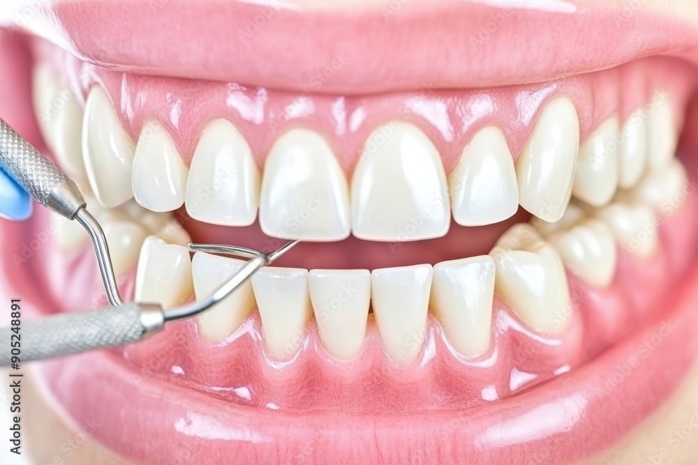 A close-up of a person's mouth with bright white teeth, showing dental tools being used for a cleaning procedure. The image is highly detailed, emphasizing the clean, healthy appearance of the teeth a