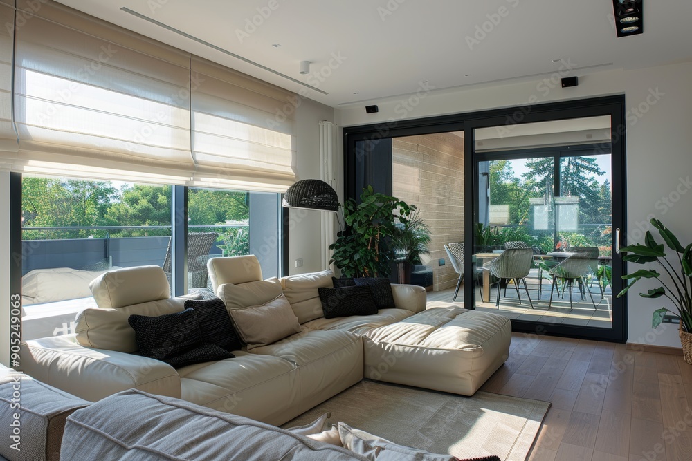 Fototapeta premium A spacious living room with a large sectional sofa and patio access