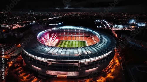 Aerial view of football stadium in the evening, fireworks, festive atmosphere. Football arena with people, city, championship, live broadcast of TV channel, broadcast of the match
