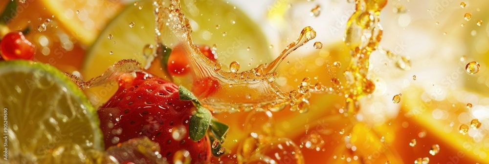 Fresh fruit juice splash with variety of fruits macro closeup view Fresh fruit juice splash with variety of fruits macro closeup view