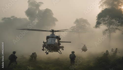 A military helicopter landing in a clearing in the Vietnamese jungle during a humid afternoon, with soldiers quickly jumping out and securing the perimeter.
 photo