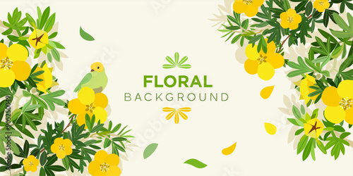 Background frame decor with yellow flowers on branches and a bird in vector, flat style.