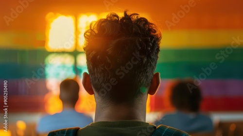 A classroom with students learning about LGBT history and sunlight filtering through, promoting education and understanding of LGBT issues, awareness, banner, with copy space
