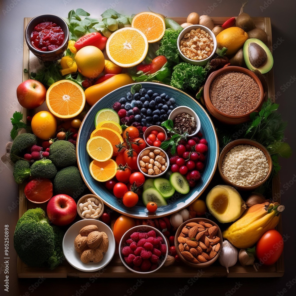 A vibrant spread of fresh fruits, vegetables, and nutritious meals on a stylish table. A vibrant spread of fresh fruits, vegetables, and nutritious meals on a stylish table.