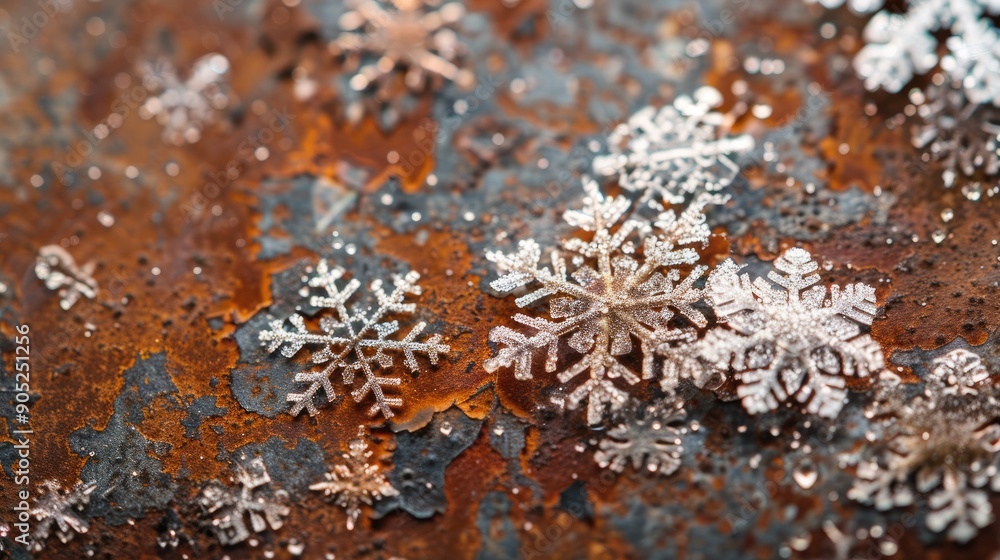 Close up of genuine snowflakes on a rusty metal surface Close up of genuine snowflakes on a rusty metal surface