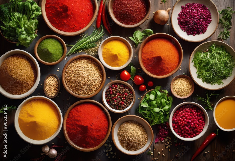 colorful eye view displaying vibrant ingredients various bowls cooking culinary inspiration, bird, fresh, vegetables, fruits, herbs, spices, sauces, grains colorful eye view displaying vibrant ingredients various bowls cooking culinary inspiration, bird, fresh, vegetables, fruits, herbs, spices, sauces, grains