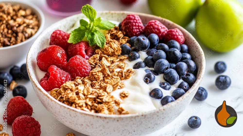 Healthy Breakfast Bowl with Yogurt, Granola, Fresh Berries, and Honey Drizzle on a White Marble Countertop, Emphasizing Nutritious and Balanced Eating Healthy Breakfast Bowl with Yogurt, Granola, Fresh Berries, and Honey Drizzle on a White Marble Countertop, Emphasizing Nutritious and Balanced Eating