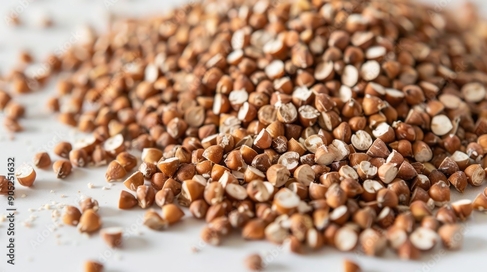 Close up of buckwheat groats on white backdrop Close up of buckwheat groats on white backdrop