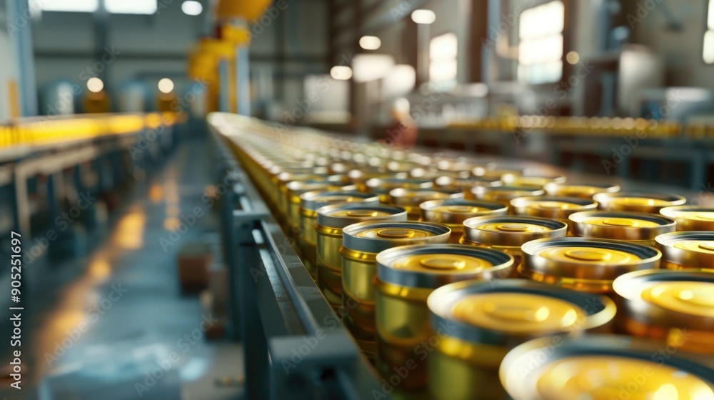 Fototapeta premium Aluminum Cans transfer on Conveyor Belt System, Modern machine for Aluminum line production, Business and Industrial concept