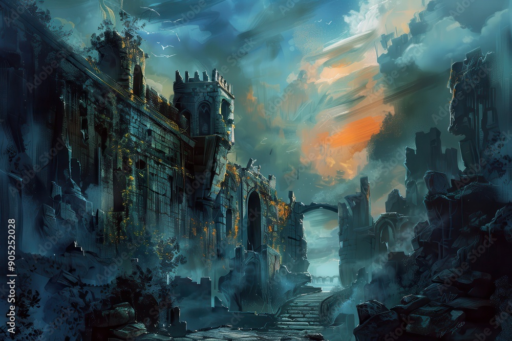Ancient castle ruins stand tall in the mystical forest shrouded in mist and forgotten by time Ancient castle ruins stand tall in the mystical forest shrouded in mist and forgotten by time
