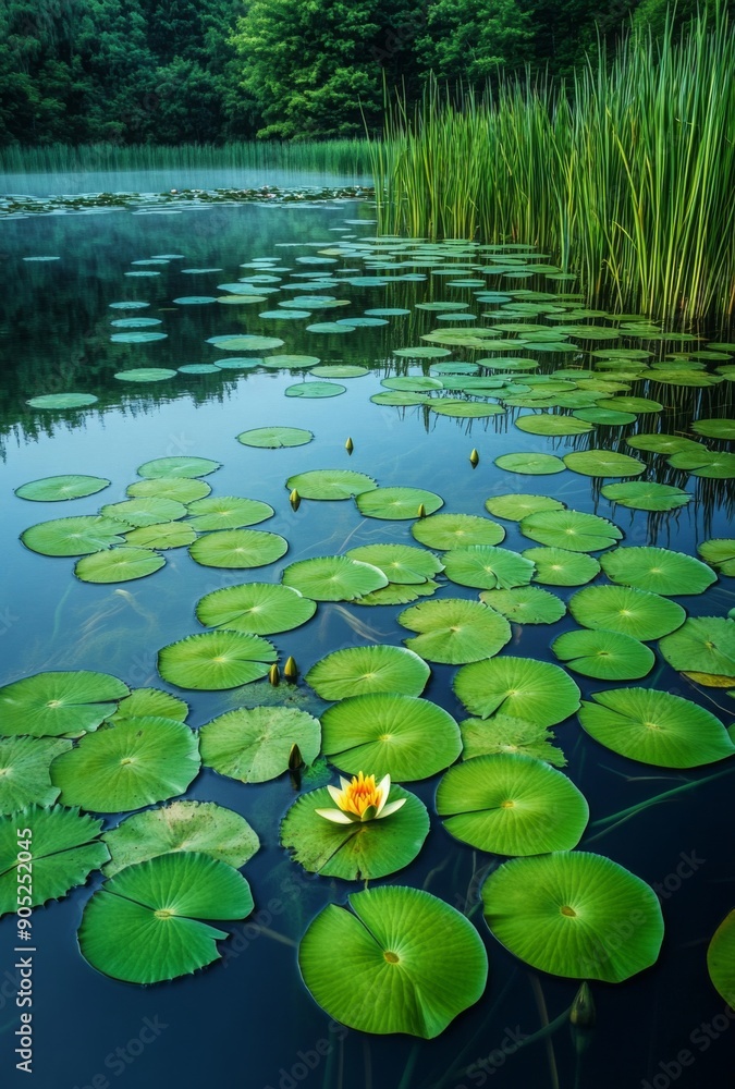 A serene lake scene with vibrant green lily pads and tall reeds swaying gently in the water, creating a tranquil and textured landscape A serene lake scene with vibrant green lily pads and tall reeds swaying gently in the water, creating a tranquil and textured landscape