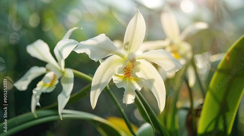 Close up of Coelogyne massangeana burfordiense orchid flower in greenhouse Close up of Coelogyne massangeana burfordiense orchid flower in greenhouse