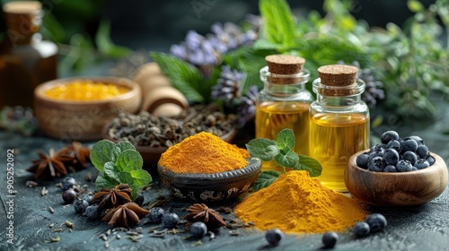 A rustic display of turmeric powder surrounded by fresh herbs, essential oils, and blueberries, creating a harmonious blend of natural ingredients and earthy tones. photo