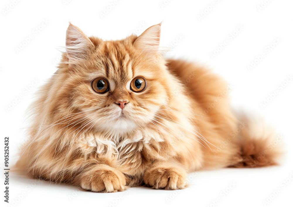 Fluffy ginger persian cat lying on white background Fluffy ginger persian cat lying on white background