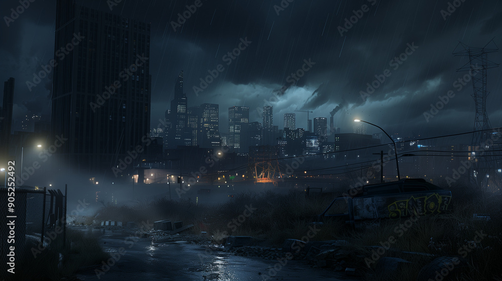 dark city in the distance, hyperrealistic dark city in the distance, hyperrealistic