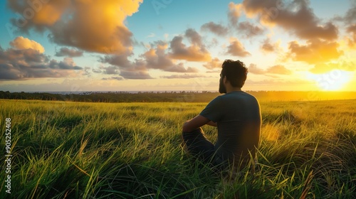 A person sits peacefully in a vibrant green field, gazing at a breathtaking sunset that paints the sky with warm hues while reflecting on natureвЂ™s beauty © Mars0hod